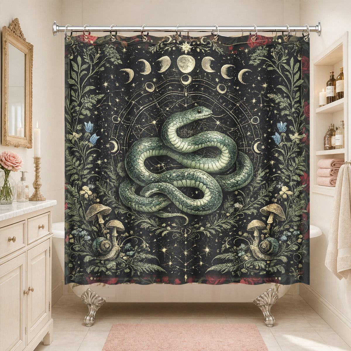 Mystical Nine Tailed Fox Shower Curtain Vintage Celestial Bath Decor