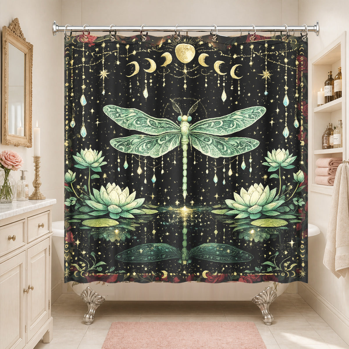 Mystical Nine Tailed Fox Shower Curtain Vintage Celestial Bath Decor