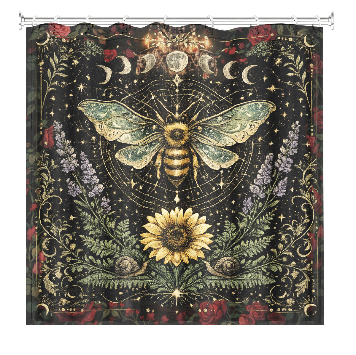 Mystical Nine Tailed Fox Shower Curtain Vintage Celestial Bath Decor