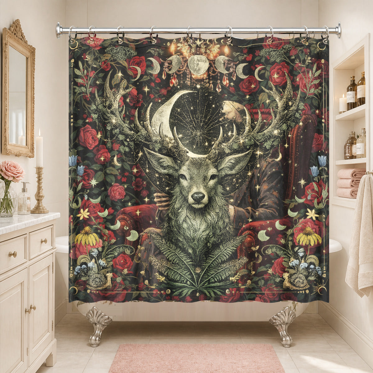 Mystical Forest Deer Shower Curtain Vintage Celestial Bathroom Decor