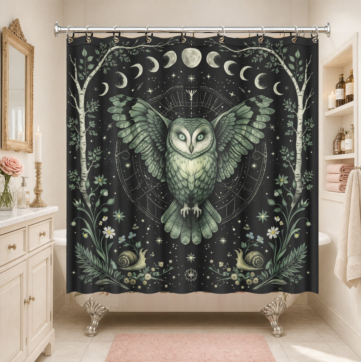 Mystical Forest Deer Shower Curtain Vintage Celestial Bathroom Decor