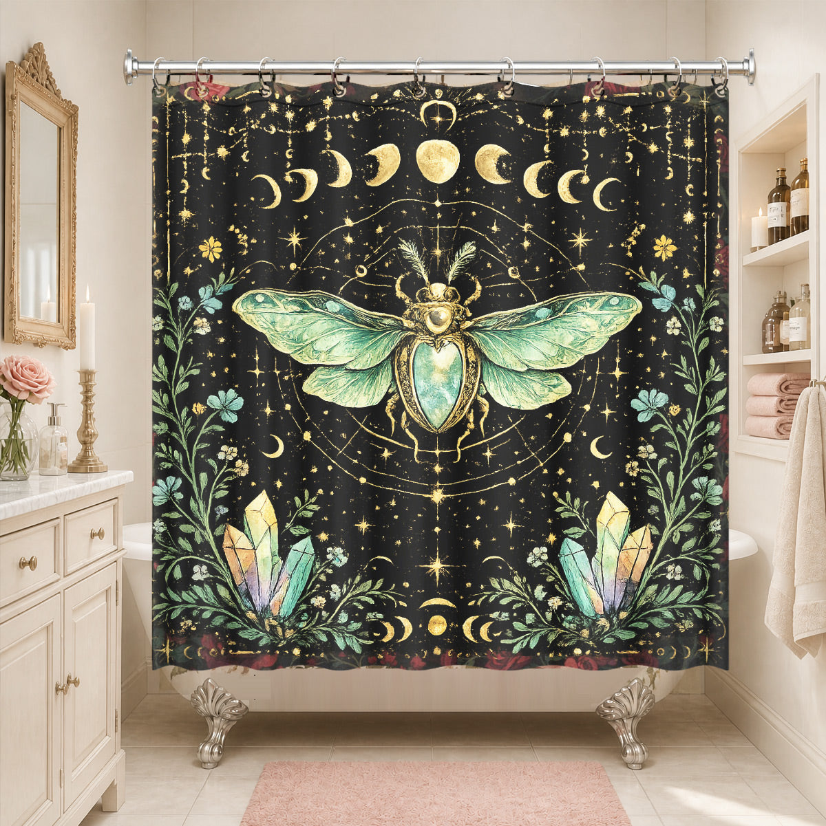 Mystical Forest Deer Shower Curtain Vintage Celestial Bathroom Decor