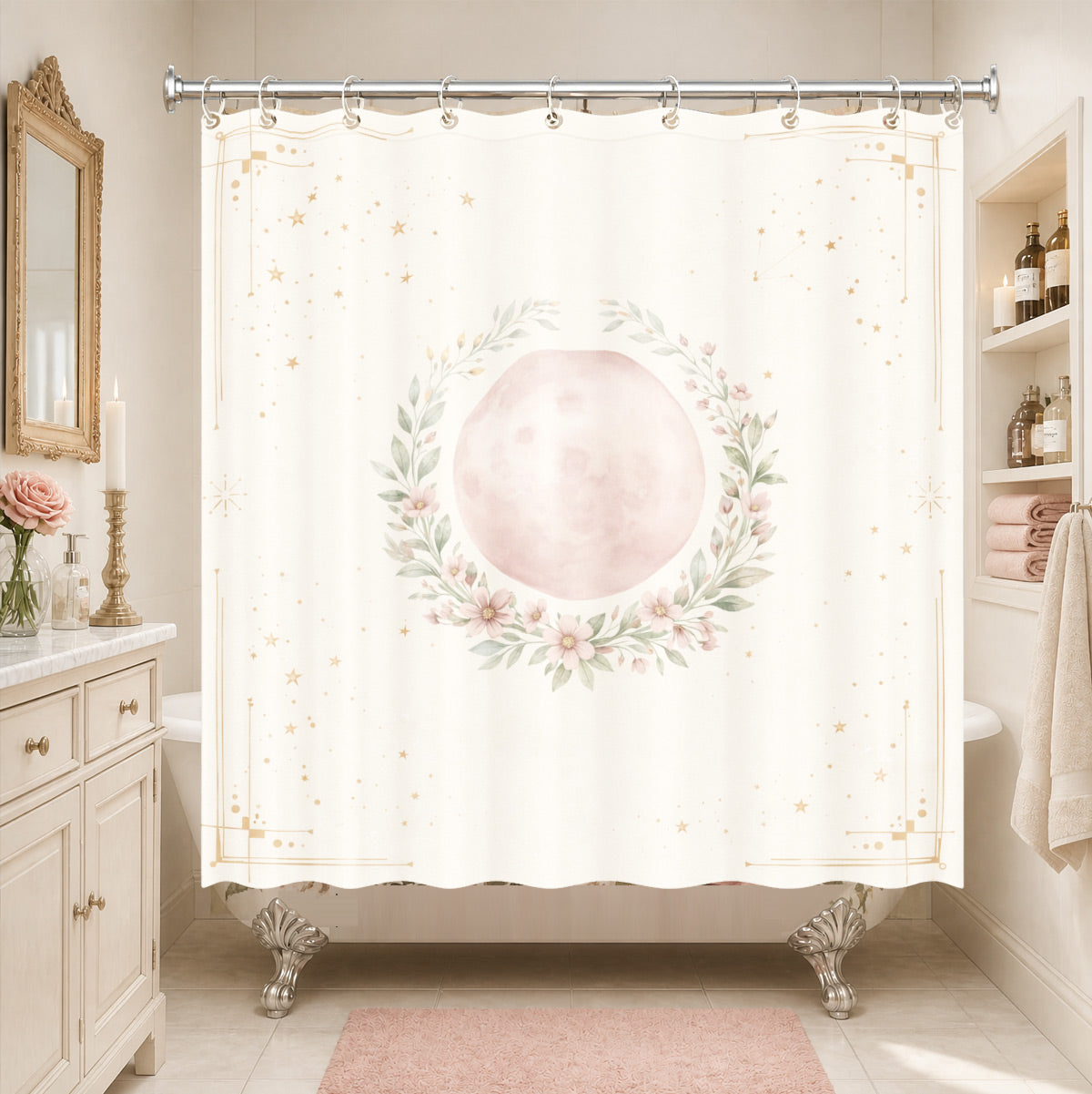 Whimsical Pink Celestial Shower Curtain Watercolor Moon Minimalist Decor
