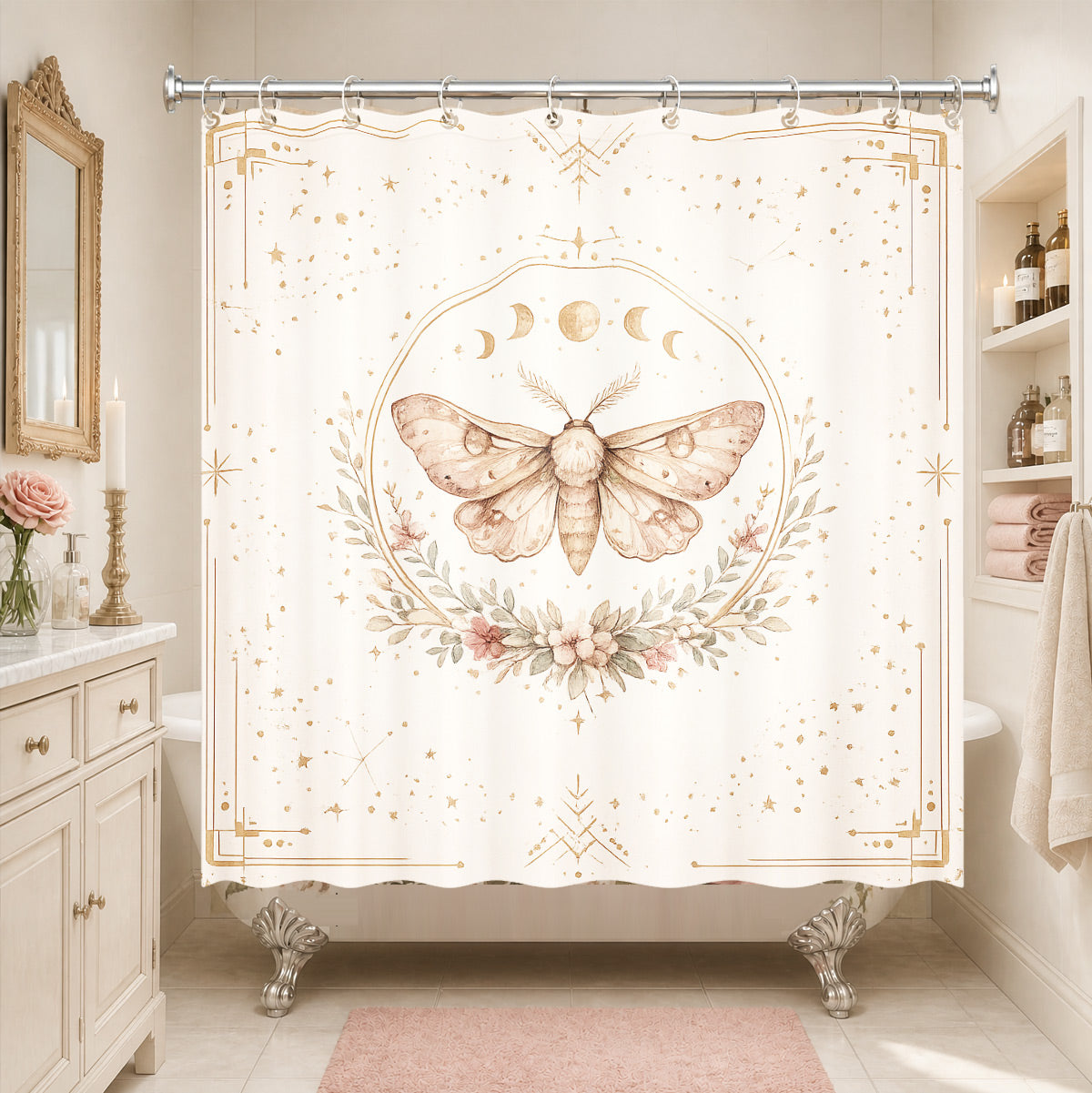Whimsical Pink Celestial Shower Curtain Watercolor Moon Minimalist Decor