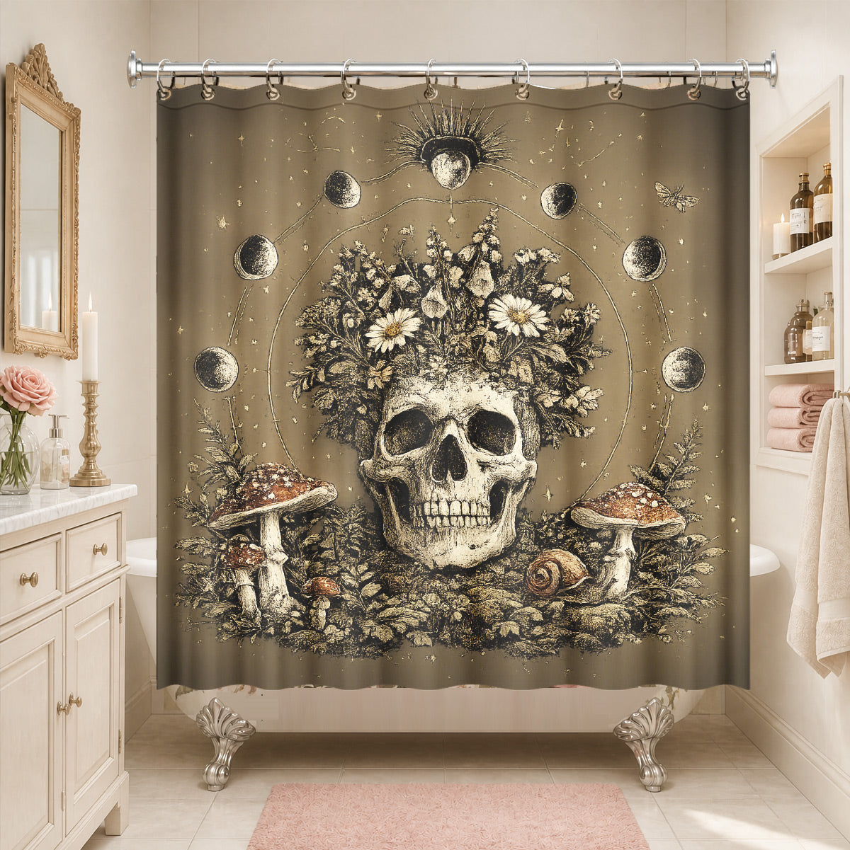 Vintage Skull Deer Shower Curtain Dark Academia Gothic Bath Decor