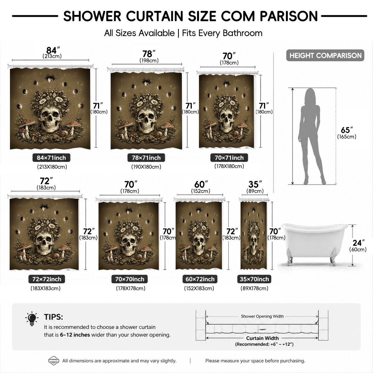 Vintage Skull Deer Shower Curtain Dark Academia Gothic Bath Decor