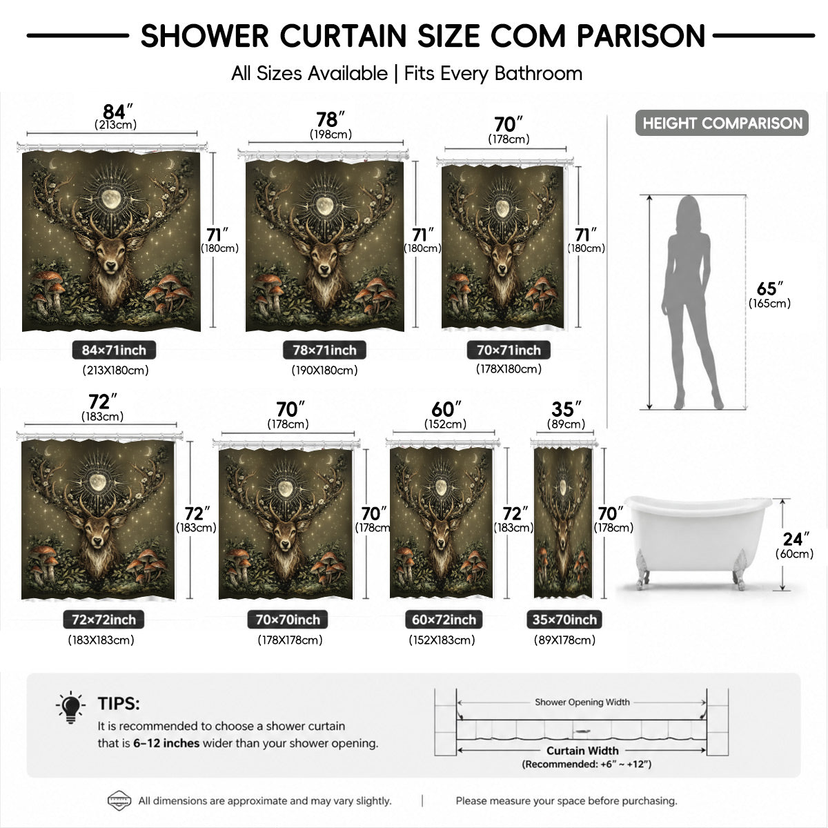 Vintage Skull Deer Shower Curtain Dark Academia Gothic Bath Decor