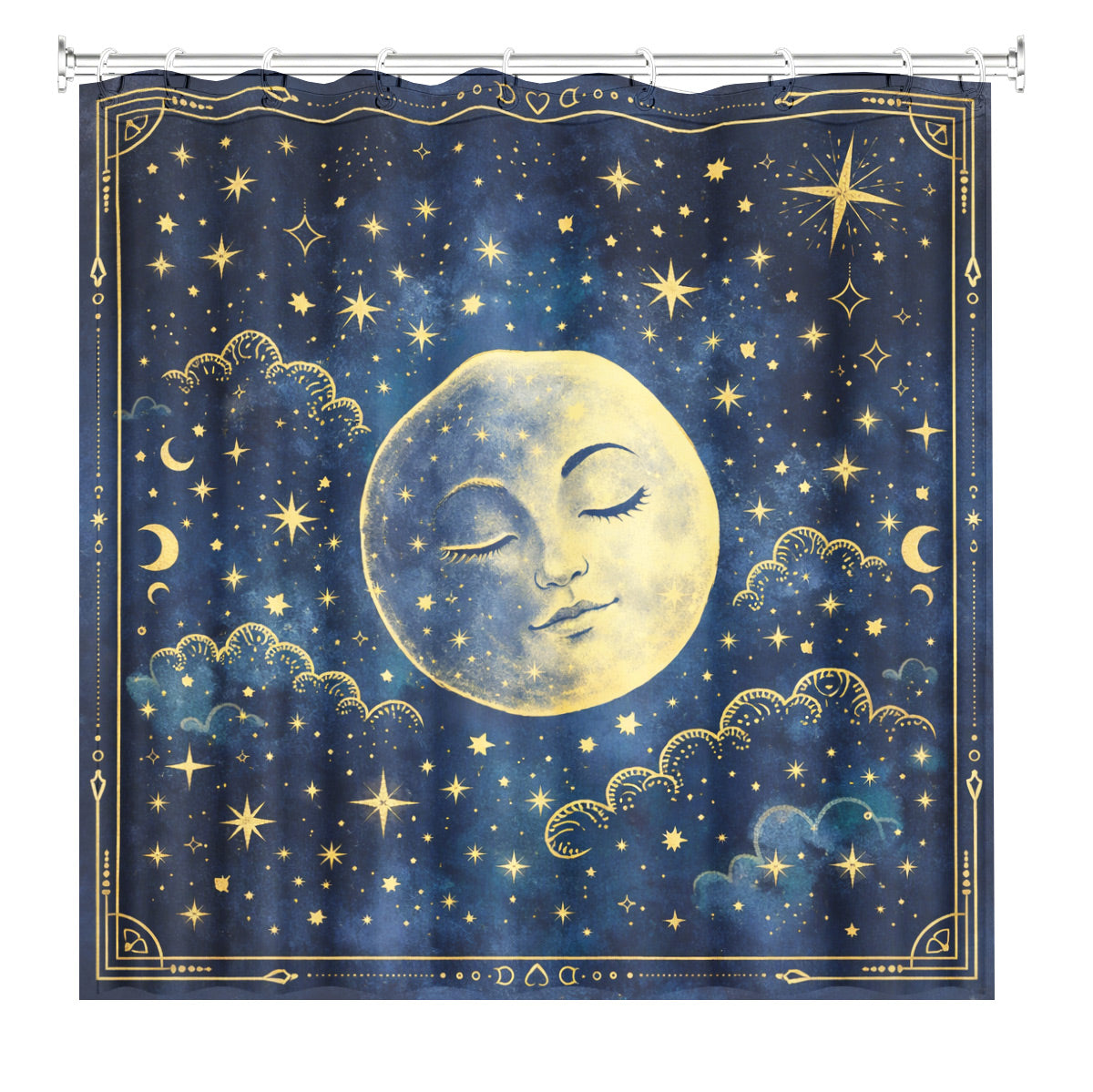 Celestial Sun Moon Shower Curtain Vintage Navy Blue Waterproof Decor