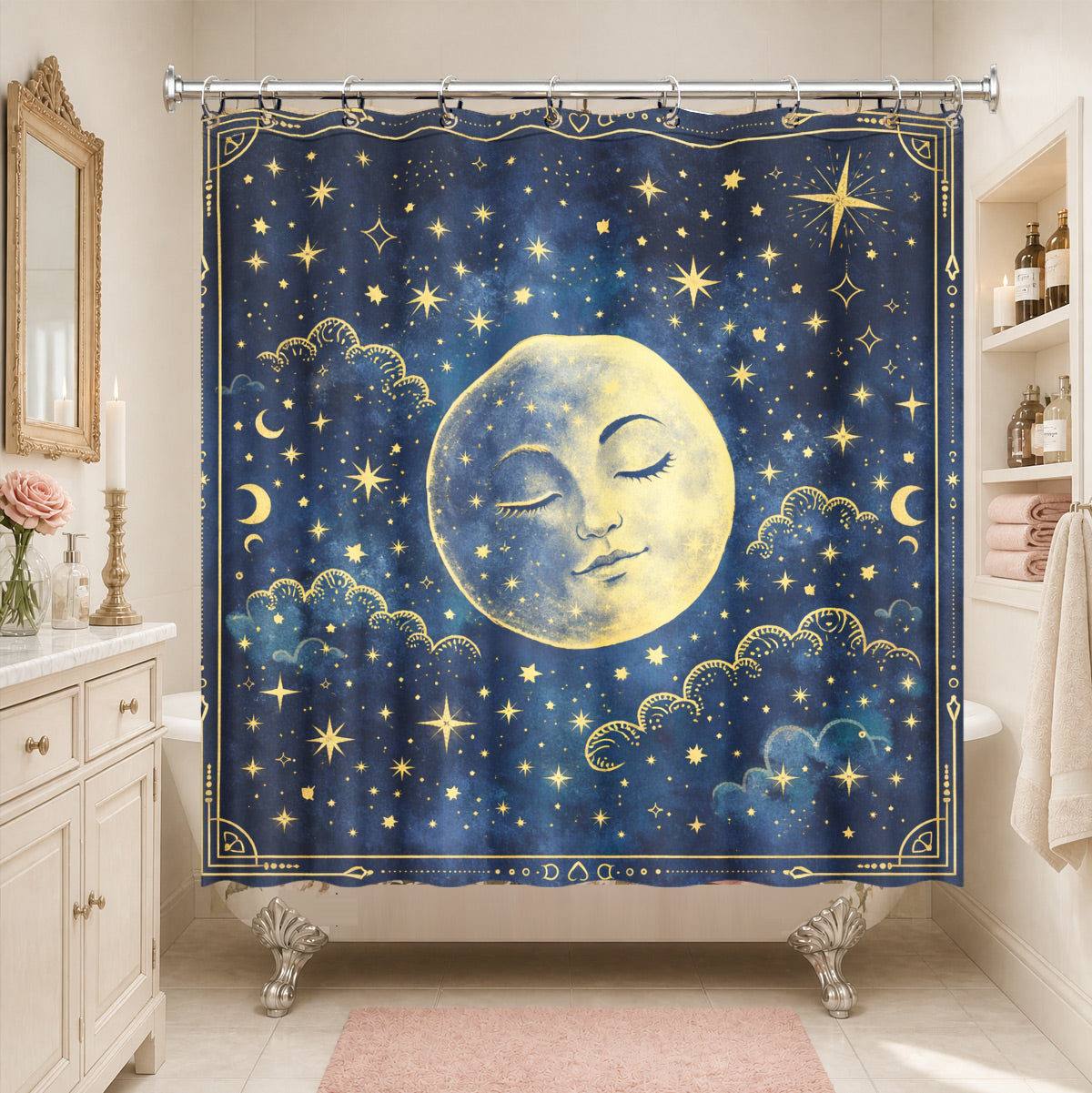 Celestial Sun Moon Shower Curtain Vintage Navy Blue Waterproof Decor