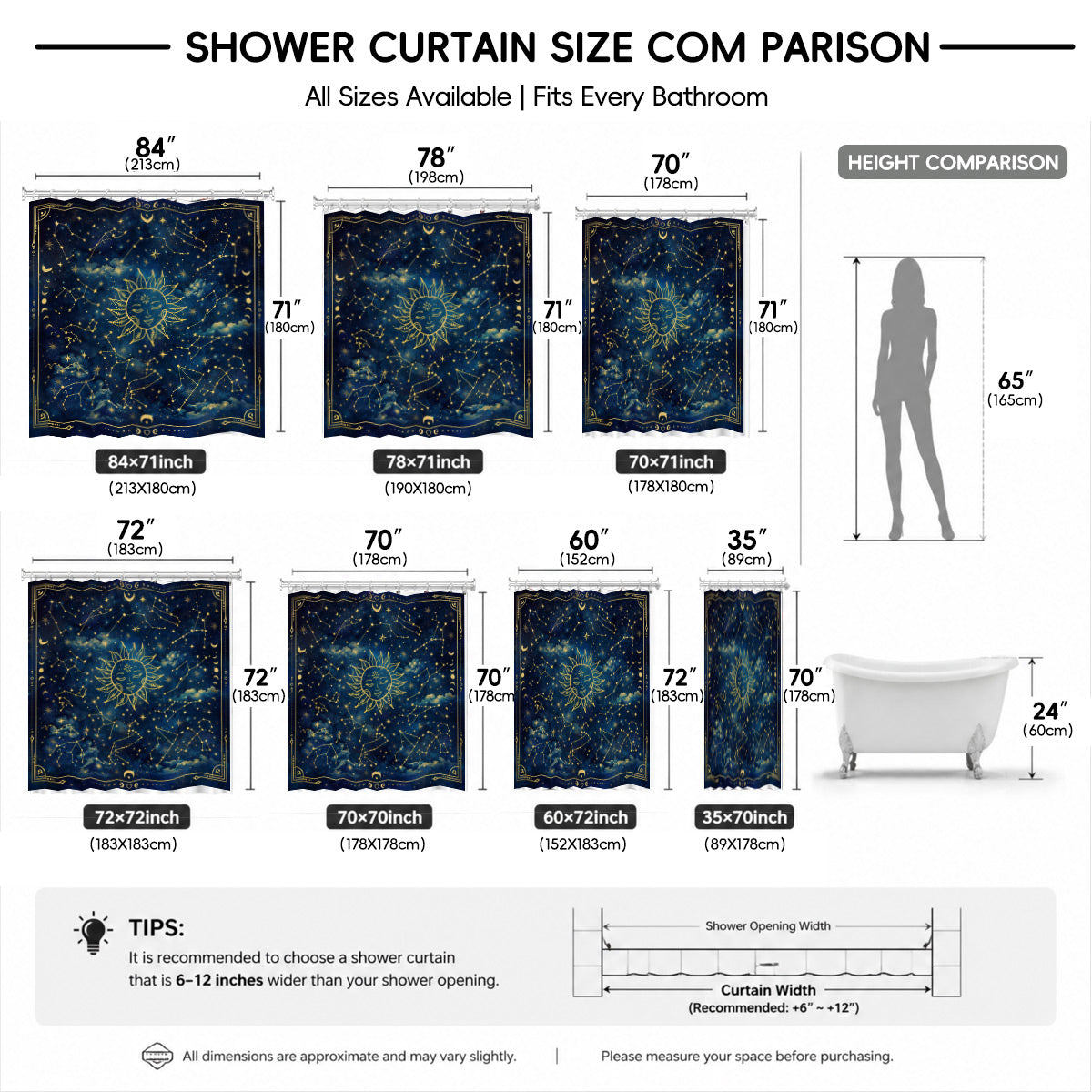 Celestial Sun Moon Shower Curtain Vintage Navy Blue Waterproof Decor