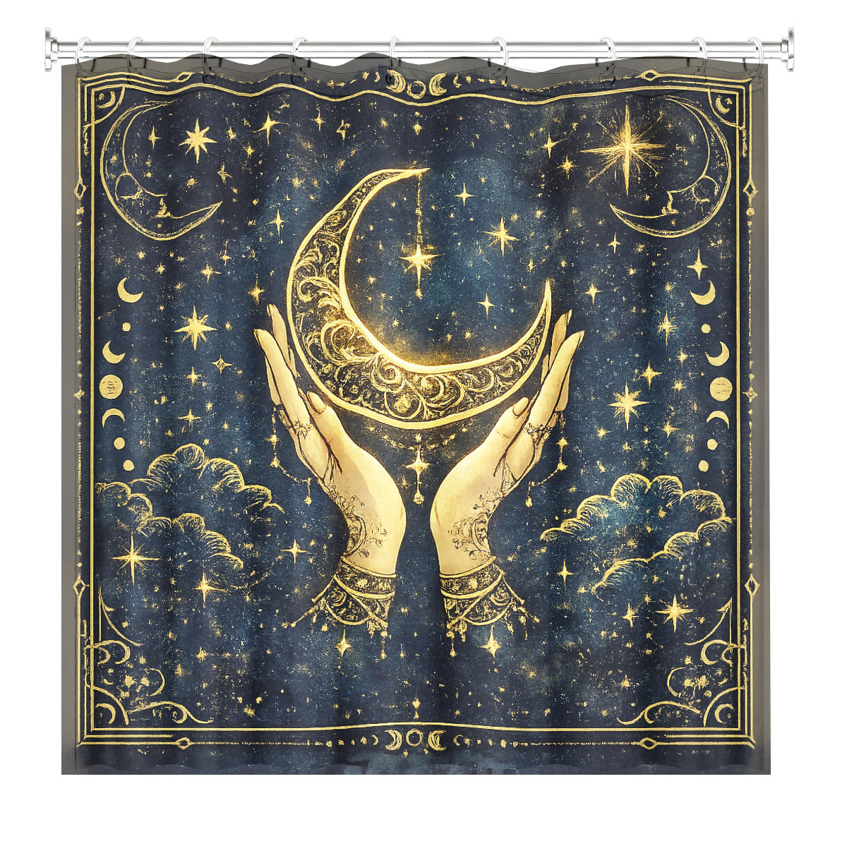 Celestial Sun Moon Shower Curtain Vintage Navy Blue Waterproof Decor