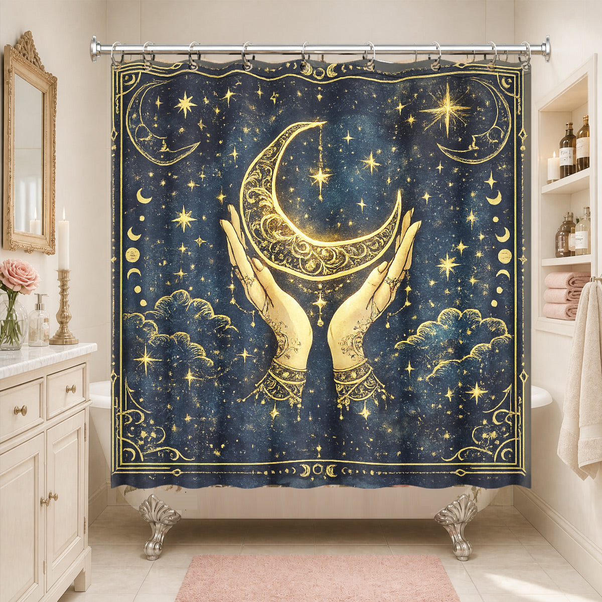 Celestial Sun Moon Shower Curtain Vintage Navy Blue Waterproof Decor