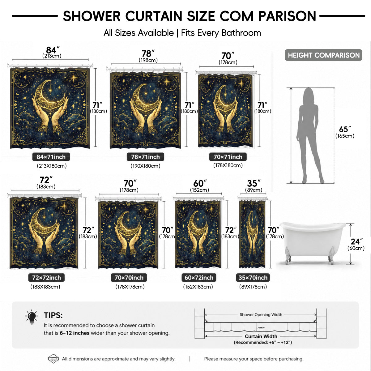 Celestial Sun Moon Shower Curtain Vintage Navy Blue Waterproof Decor