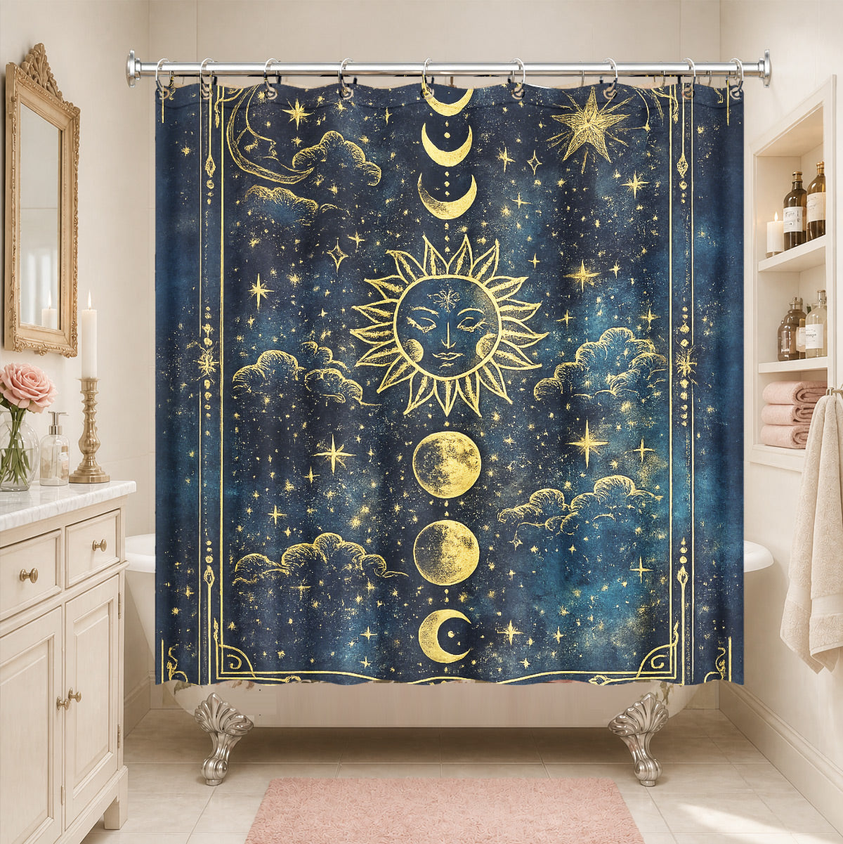 Celestial Sun Moon Shower Curtain Vintage Navy Blue Waterproof Decor