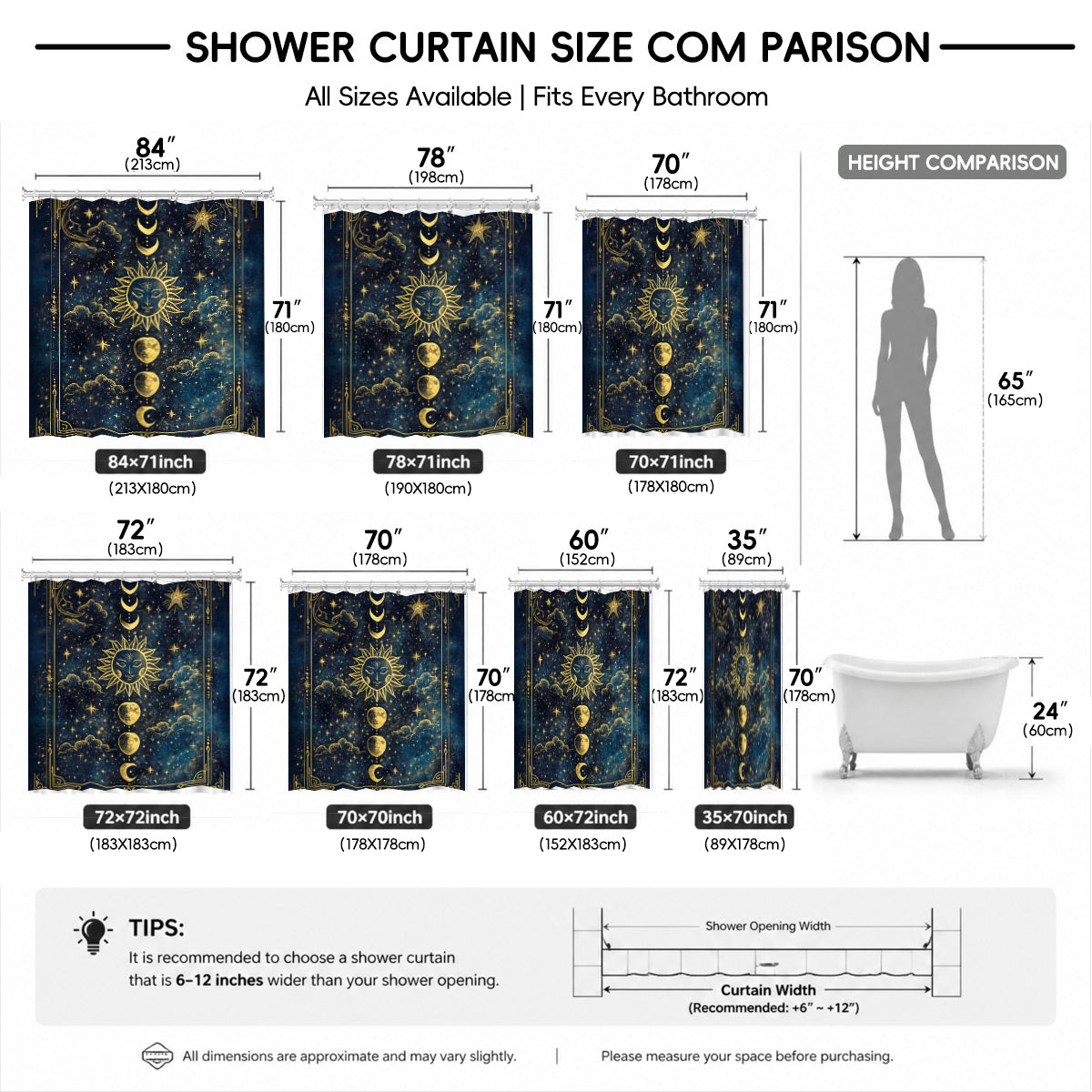 Celestial Sun Moon Shower Curtain Vintage Navy Blue Waterproof Decor