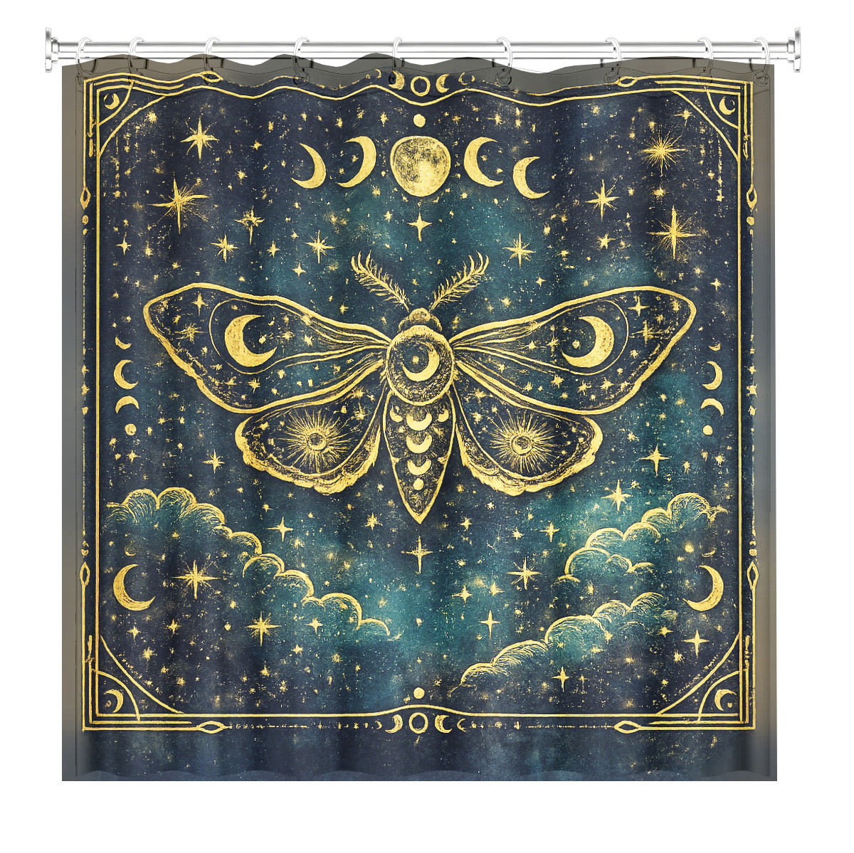 Celestial Sun Moon Shower Curtain Vintage Navy Blue Waterproof Decor