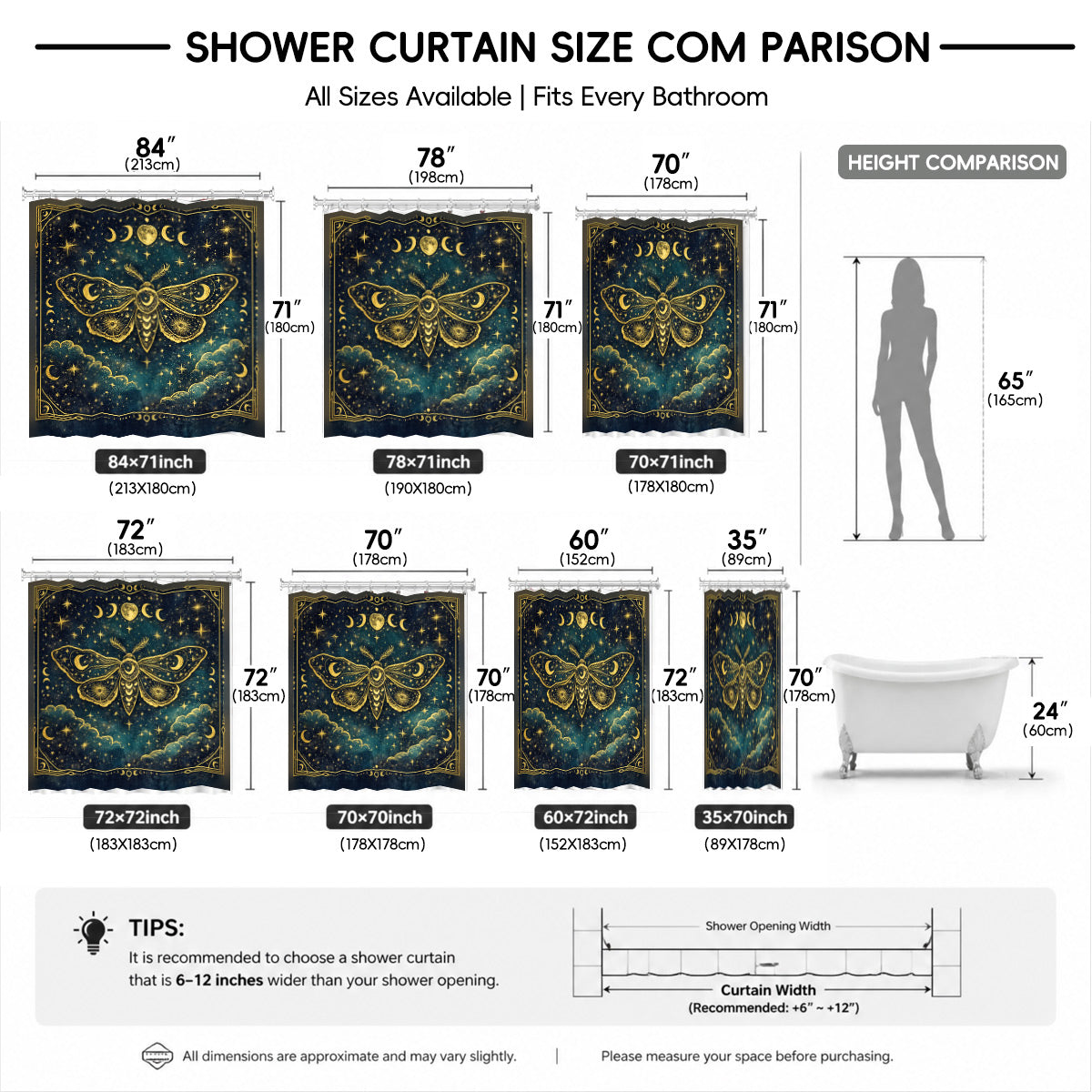 Celestial Sun Moon Shower Curtain Vintage Navy Blue Waterproof Decor