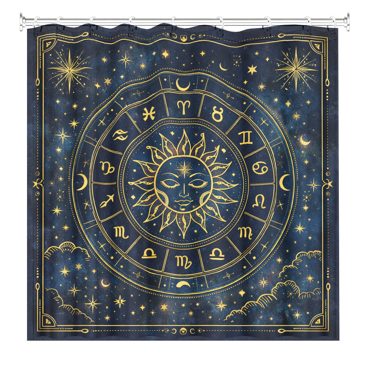 Celestial Sun Moon Shower Curtain Vintage Navy Blue Waterproof Decor