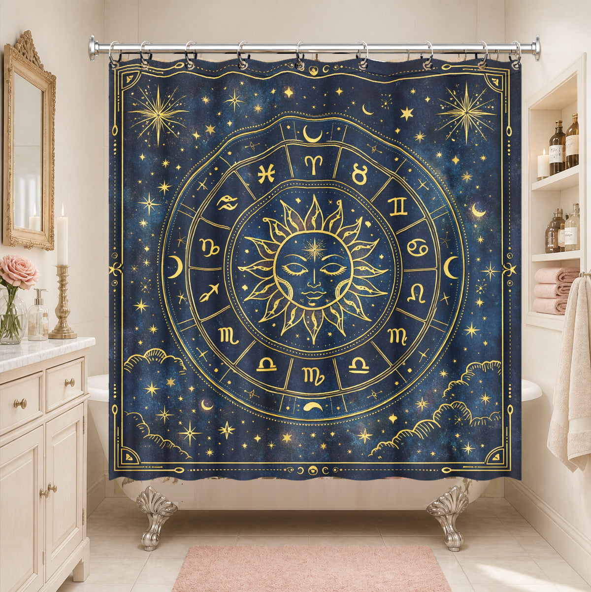 Celestial Sun Moon Shower Curtain Vintage Navy Blue Waterproof Decor