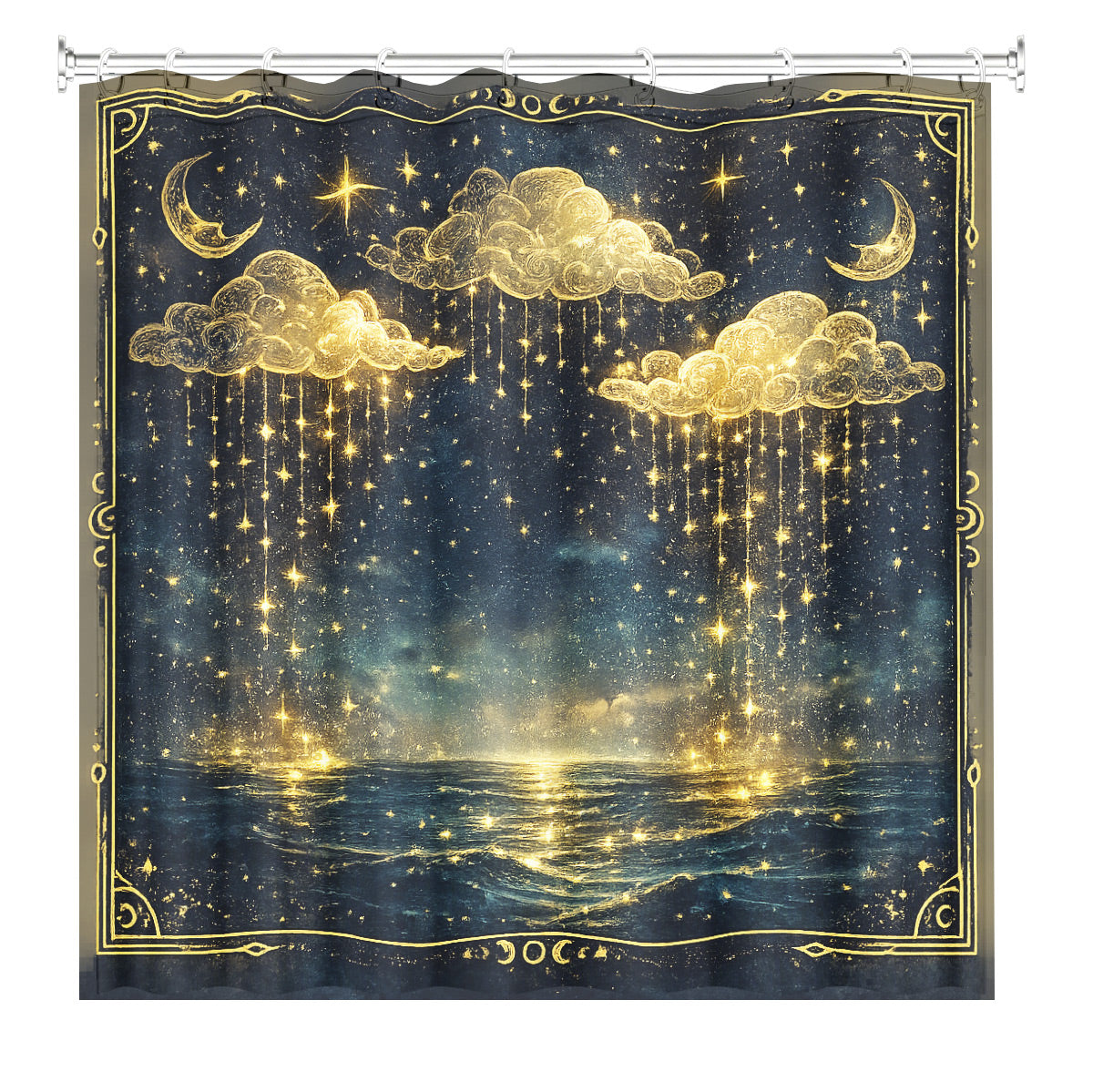 Celestial Sun Moon Shower Curtain Vintage Navy Blue Waterproof Decor