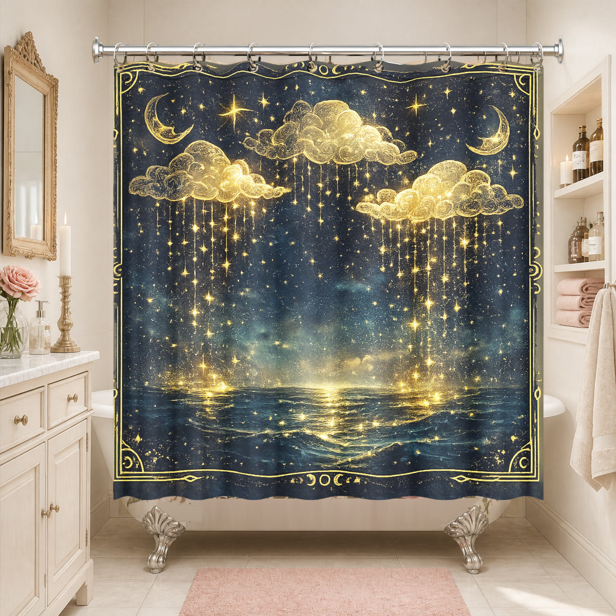 Celestial Sun Moon Shower Curtain Vintage Navy Blue Waterproof Decor