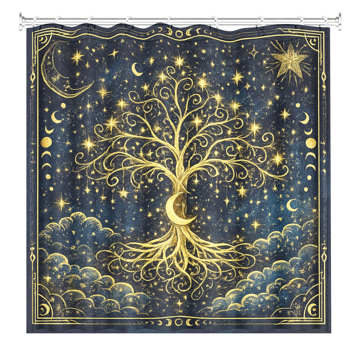 Celestial Sun Moon Shower Curtain Vintage Navy Blue Waterproof Decor
