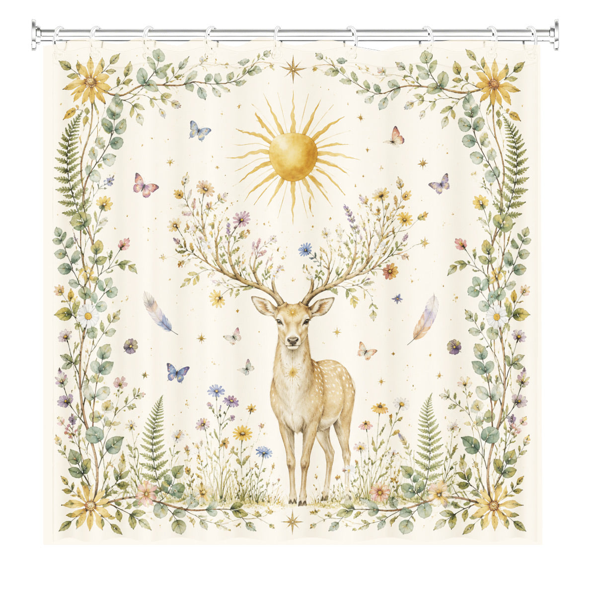Watercolor Floral Owl Deer Shower Curtain Boho Waterproof Bath Decor