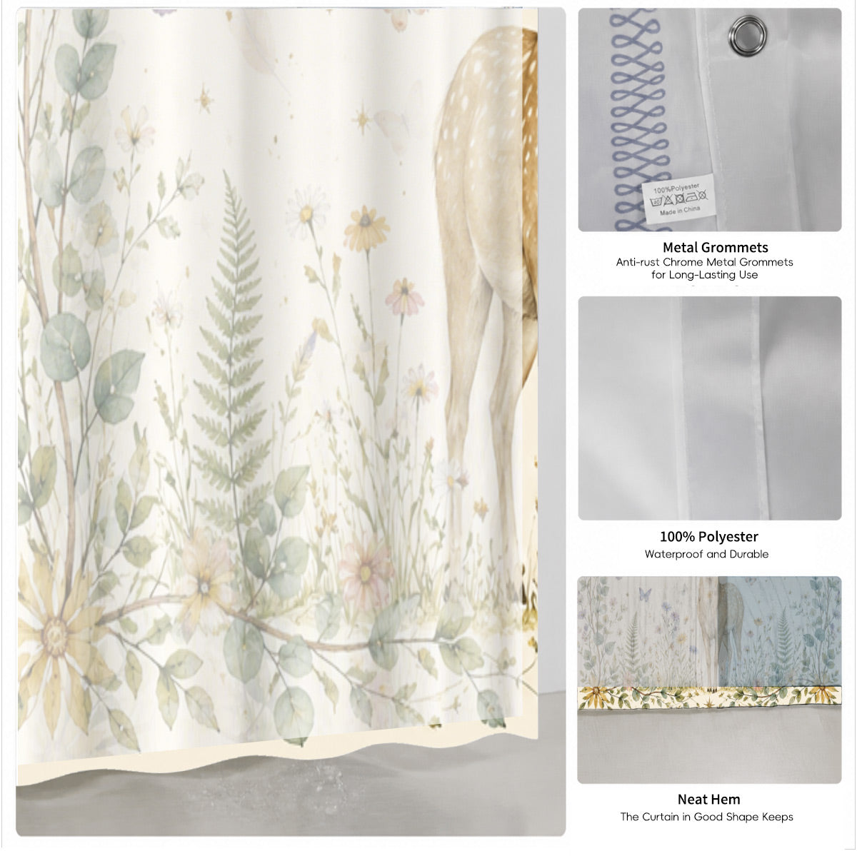 Watercolor Floral Owl Deer Shower Curtain Boho Waterproof Bath Decor