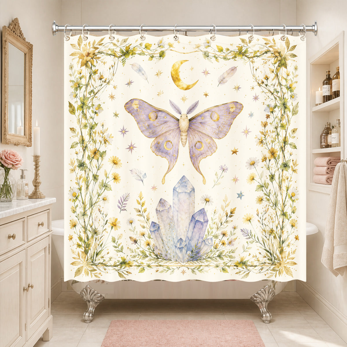 Watercolor Floral Owl Deer Shower Curtain Boho Waterproof Bath Decor