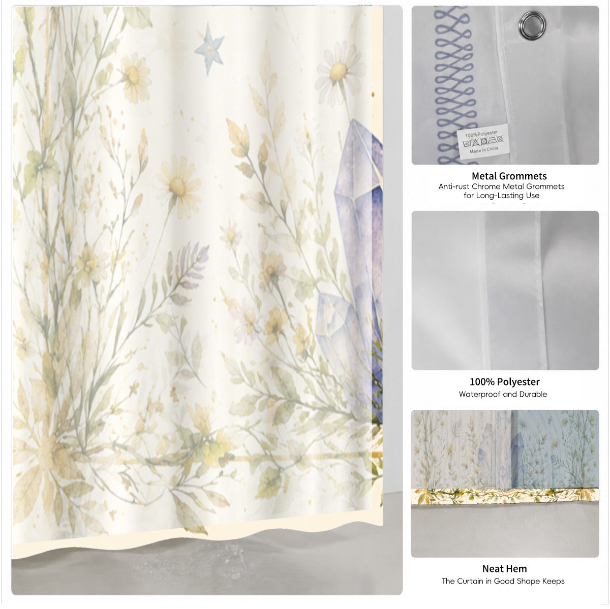 Watercolor Floral Owl Deer Shower Curtain Boho Waterproof Bath Decor