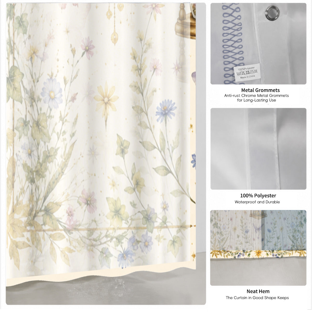 Watercolor Floral Owl Deer Shower Curtain Boho Waterproof Bath Decor