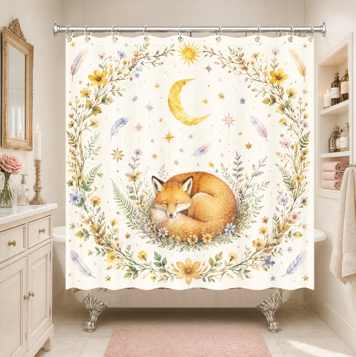 Watercolor Floral Owl Deer Shower Curtain Boho Waterproof Bath Decor