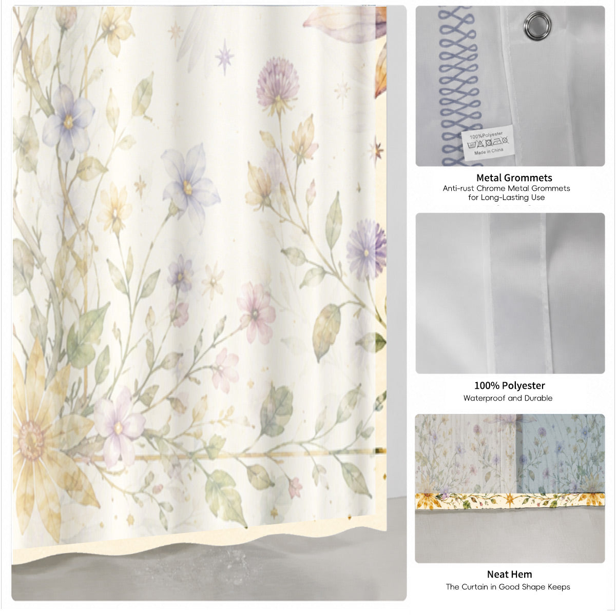 Watercolor Floral Owl Deer Shower Curtain Boho Waterproof Bath Decor
