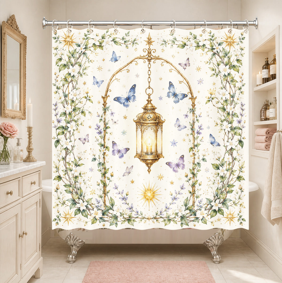 Watercolor Floral Owl Deer Shower Curtain Boho Waterproof Bath Decor