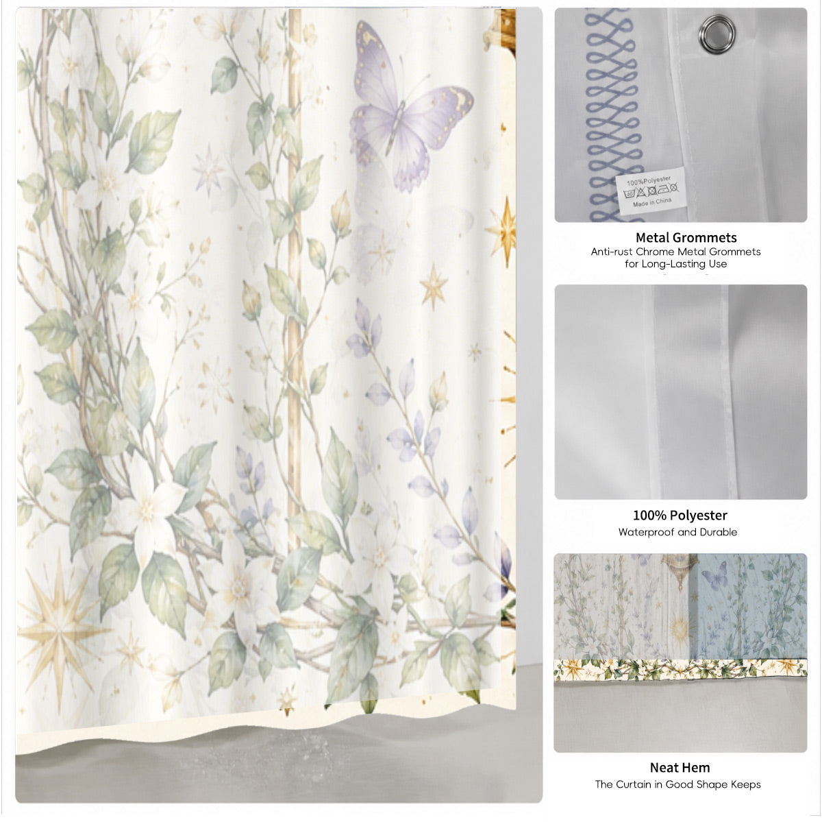 Watercolor Floral Owl Deer Shower Curtain Boho Waterproof Bath Decor