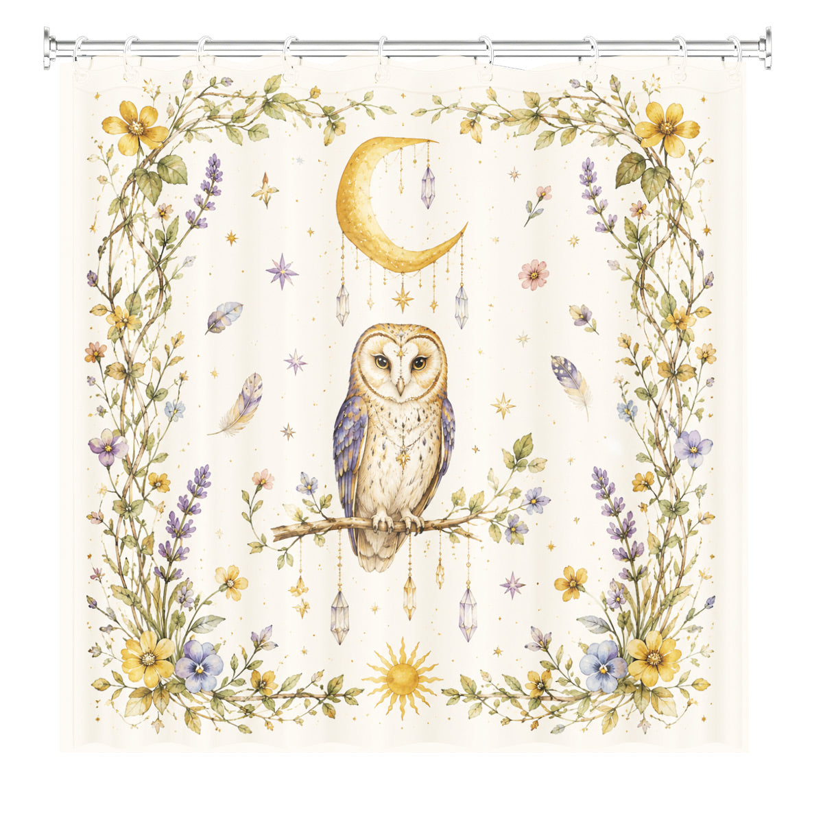 Watercolor Floral Owl Deer Shower Curtain Boho Waterproof Bath Decor