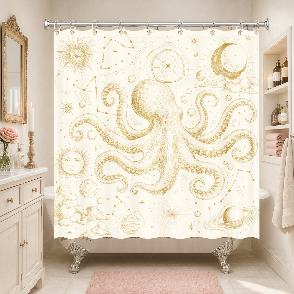 Vintage Nautical Astronomy Shower Curtain Retro Sepia Illustration Decor