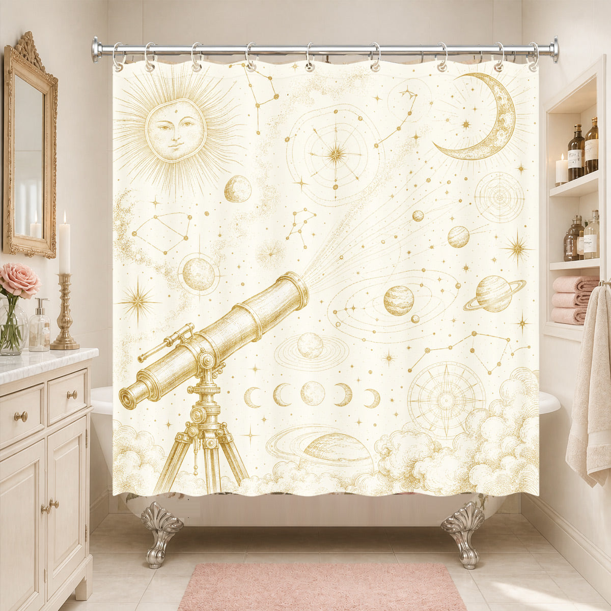 Vintage Nautical Astronomy Shower Curtain Retro Sepia Illustration Decor