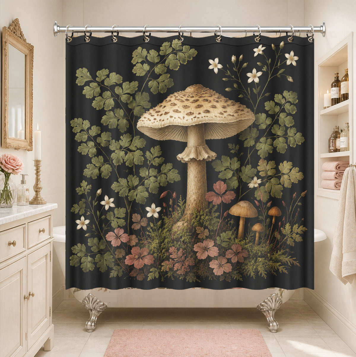 Vintage Botanical Mushroom Shower Curtain Dark Academia Waterproof Decor
