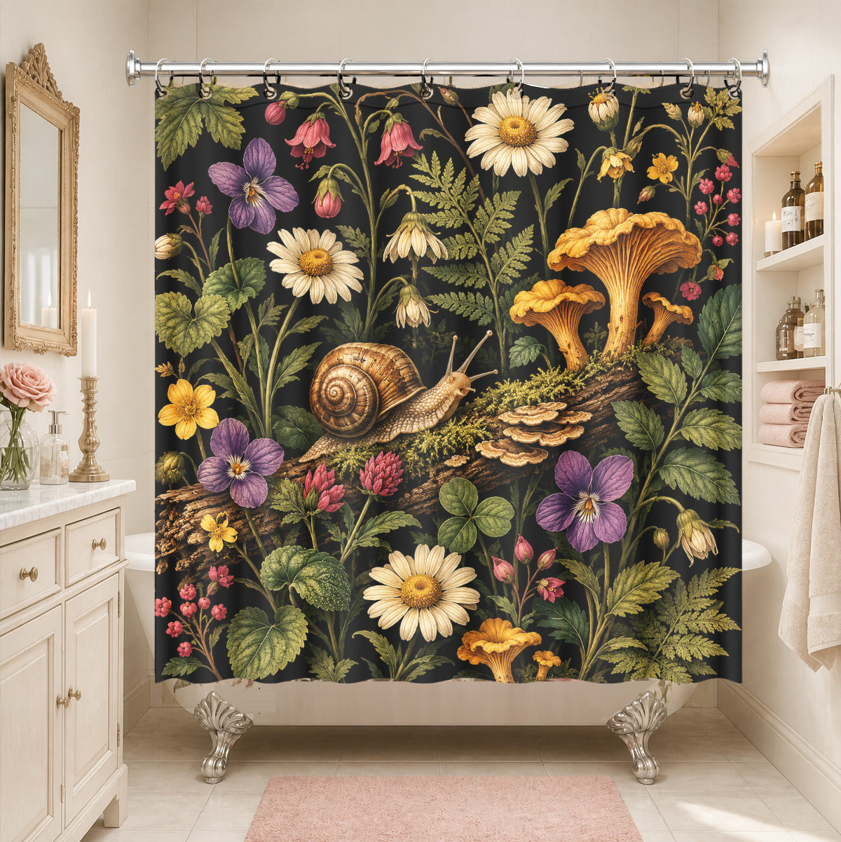 Vintage Botanical Mushroom Shower Curtain Dark Academia Waterproof Decor