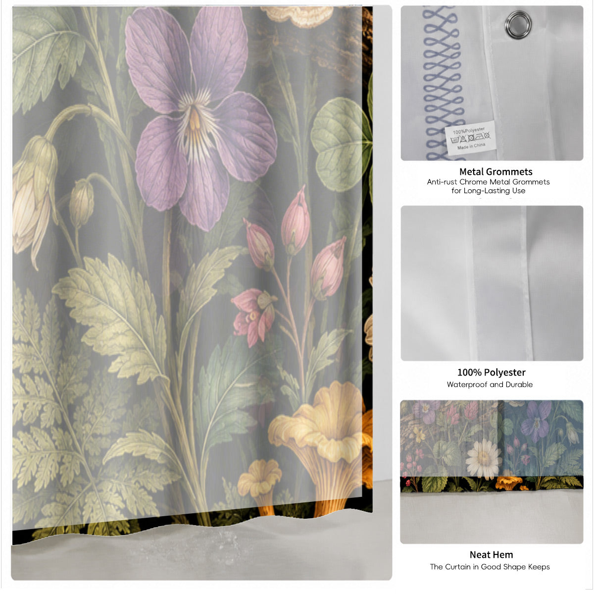Vintage Botanical Mushroom Shower Curtain Dark Academia Waterproof Decor