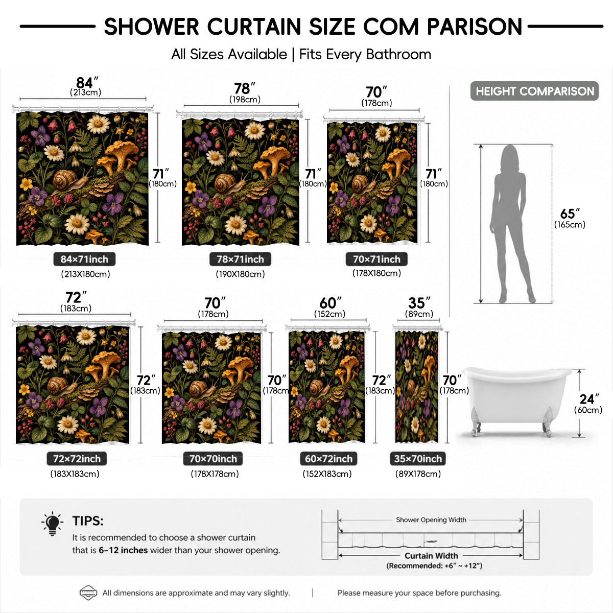 Vintage Botanical Mushroom Shower Curtain Dark Academia Waterproof Decor