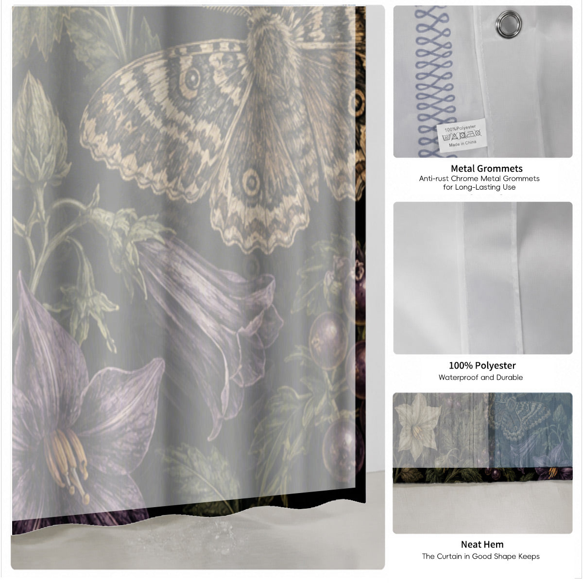 Vintage Botanical Mushroom Shower Curtain Dark Academia Waterproof Decor