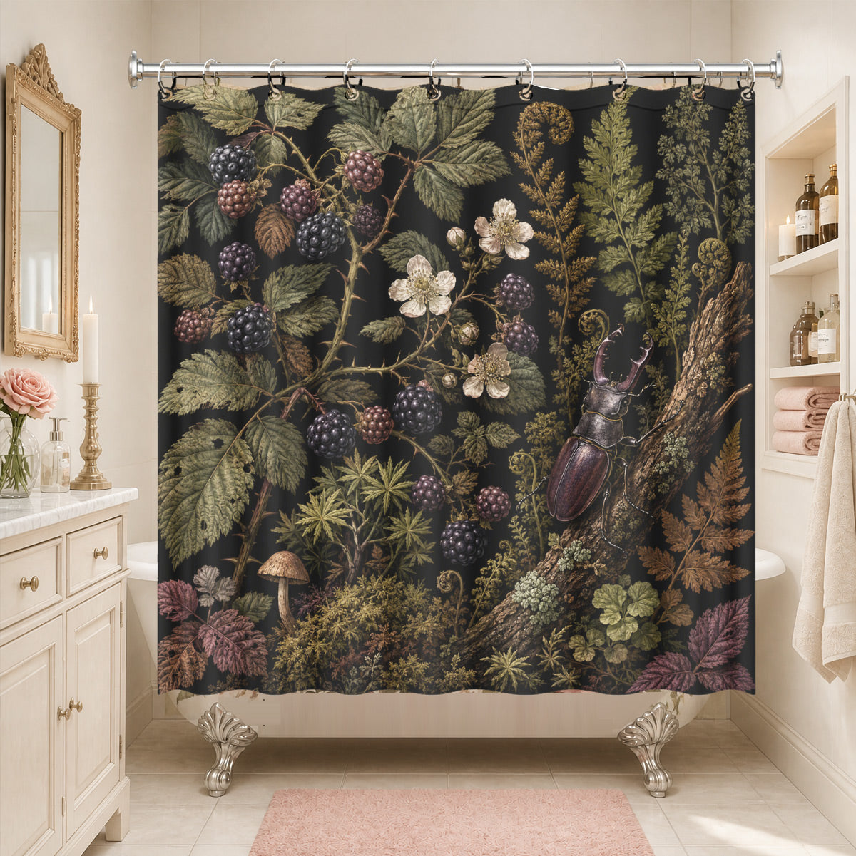 Vintage Botanical Mushroom Shower Curtain Dark Academia Waterproof Decor