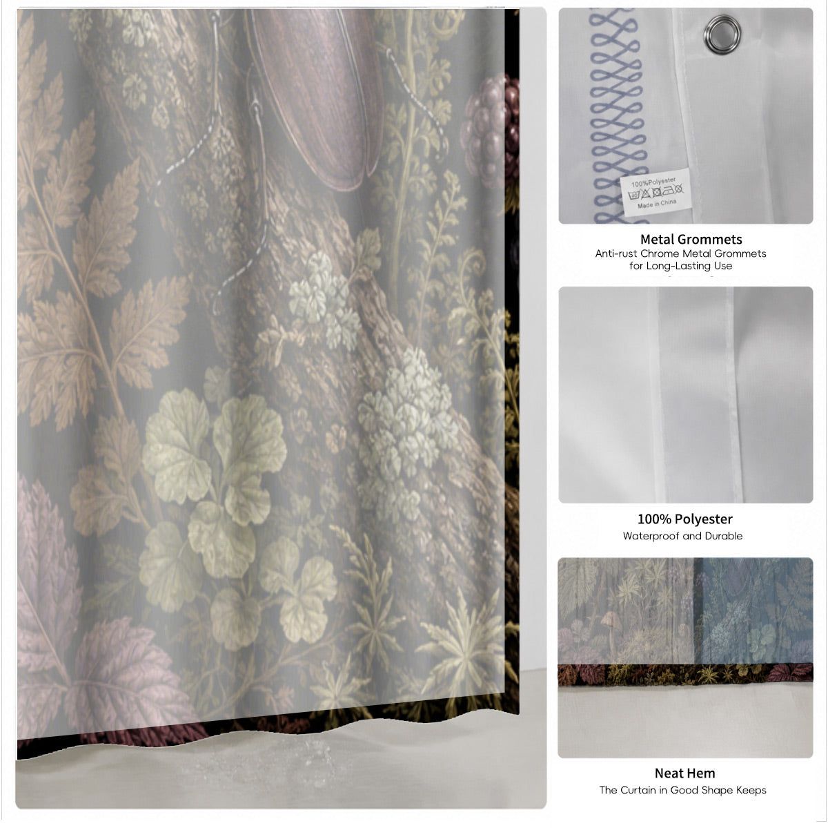 Vintage Botanical Mushroom Shower Curtain Dark Academia Waterproof Decor