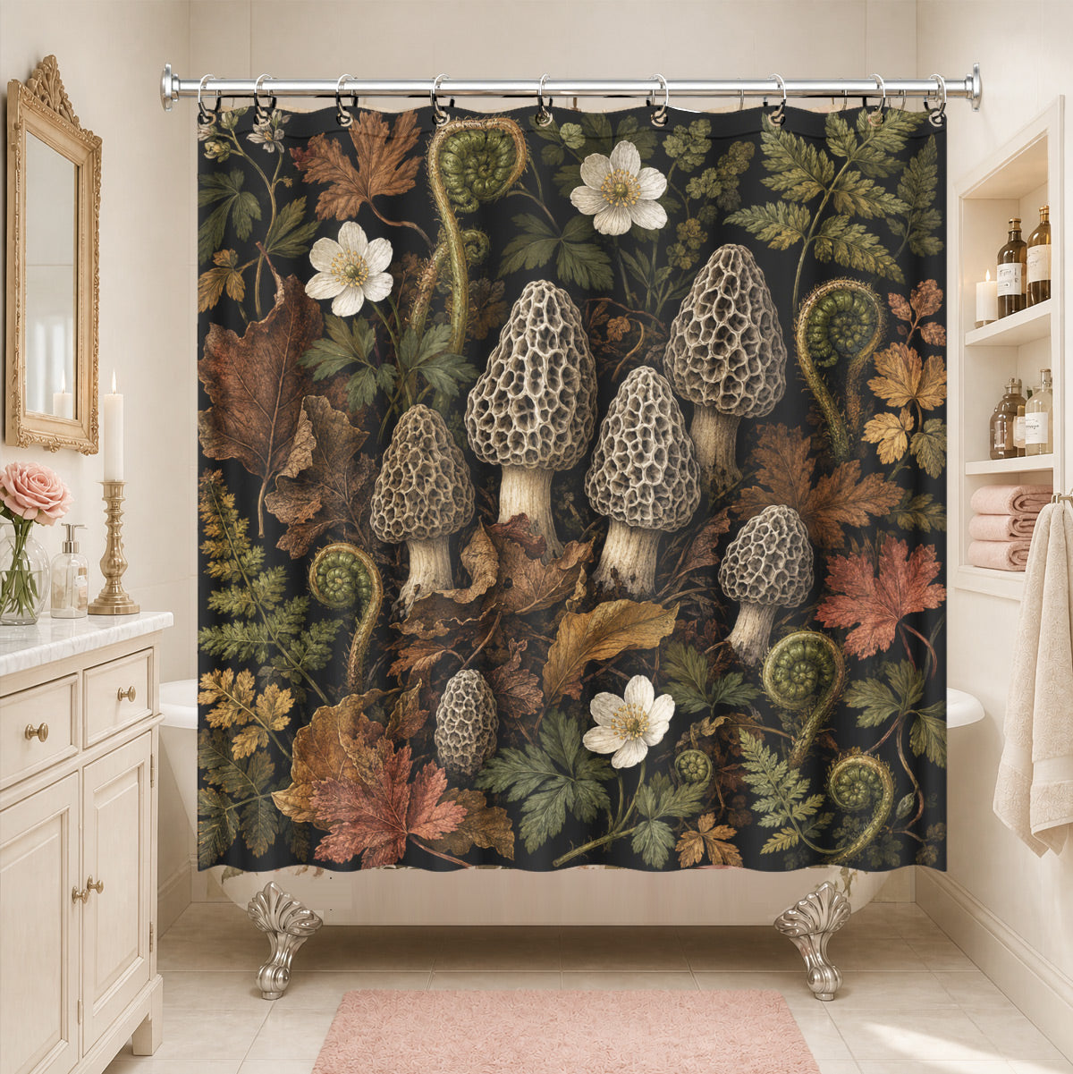 Vintage Botanical Mushroom Shower Curtain Dark Academia Waterproof Decor