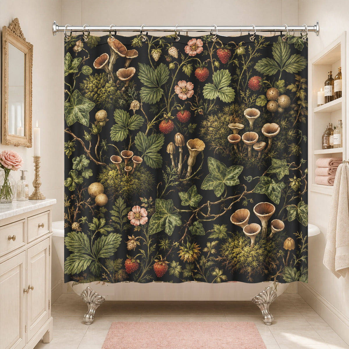 Vintage Botanical Mushroom Shower Curtain Dark Academia Waterproof Decor