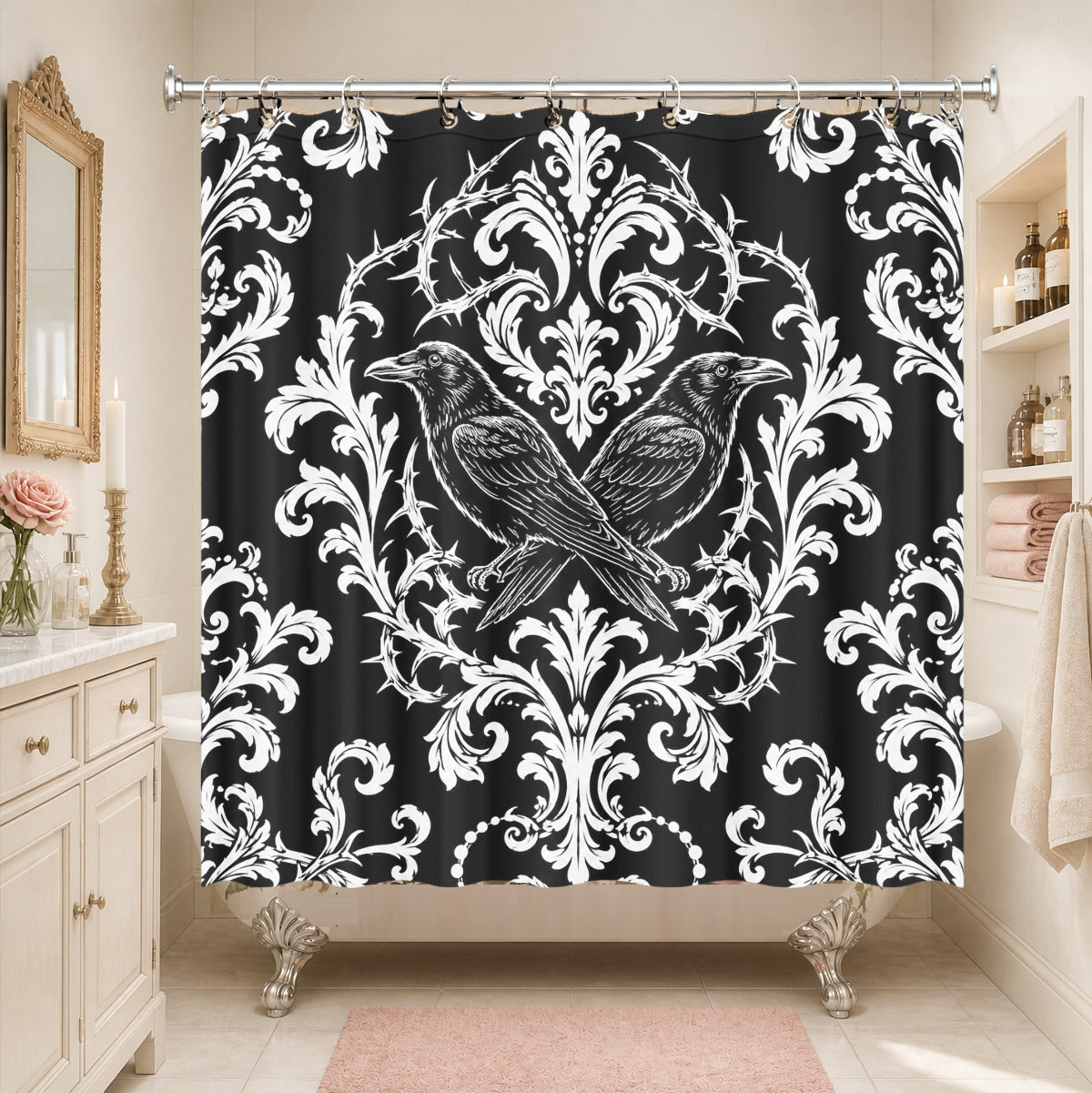 Victorian Gothic Black White Shower Curtain Vintage Baroque Bath Decor