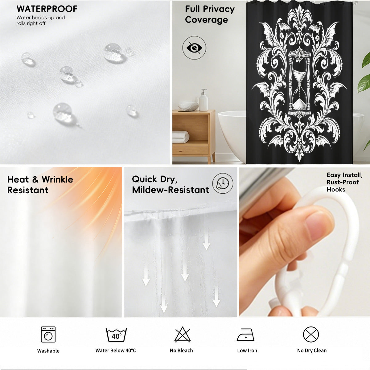 Victorian Gothic Black White Shower Curtain Vintage Baroque Bath Decor