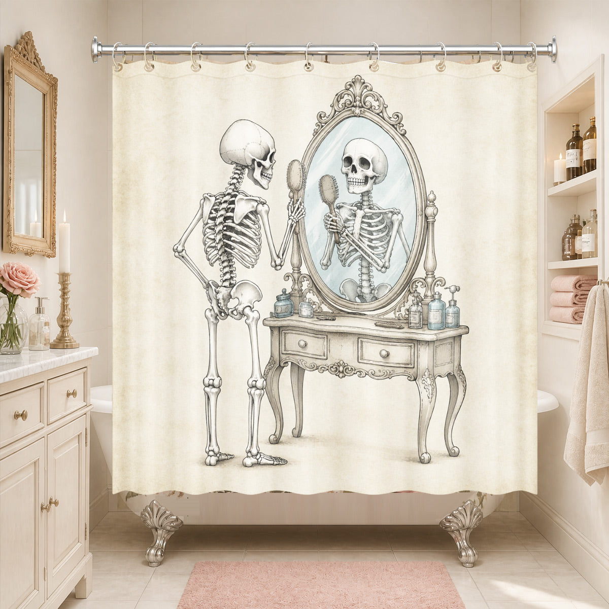 Vintage Skeleton Bathroom Shower Curtain Dark Humor Funny Bath Decor